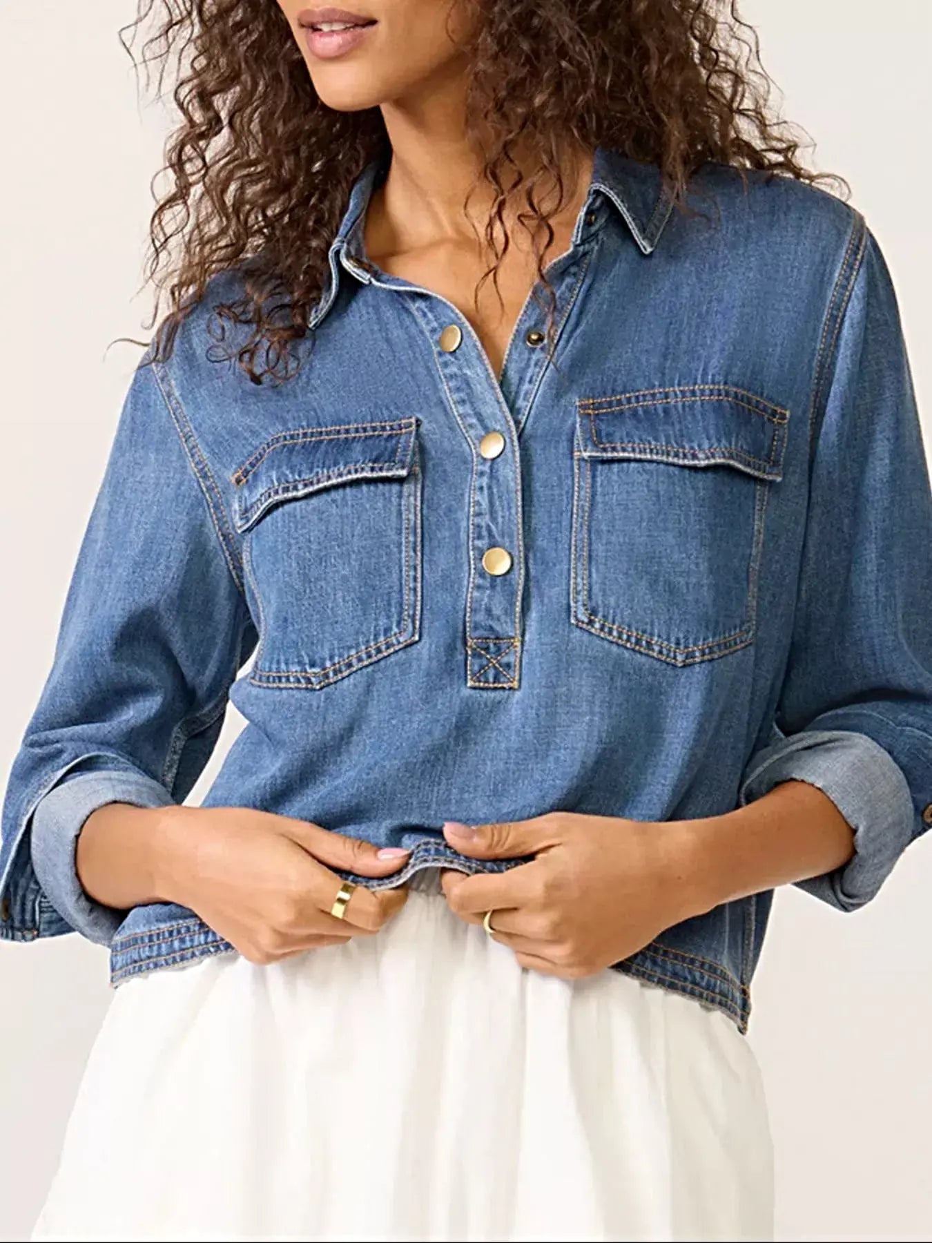 Half Snap Cropped Denim Top -