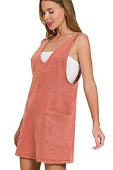 Stylish Washed Denim Pinafore Dress with Adjustable Straps and Pocket - Comfortable Mini -