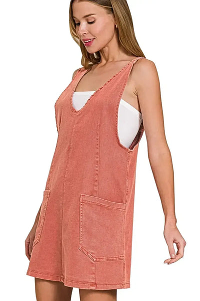 Stylish Washed Denim Pinafore Dress with Adjustable Straps and Pocket - Comfortable Mini -