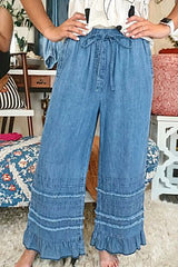 Ruffled Hem Wide Leg Chambray Pants -
