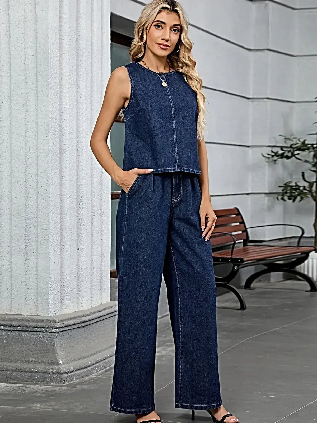 Round Neck Tank and Pants Denim Set -