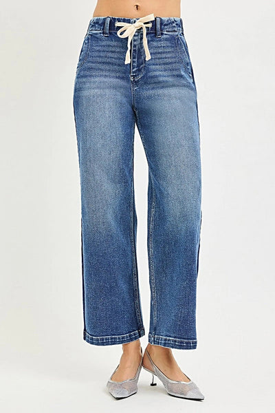 RISEN Elastic Band High Rise Cropped Wide Jeans -