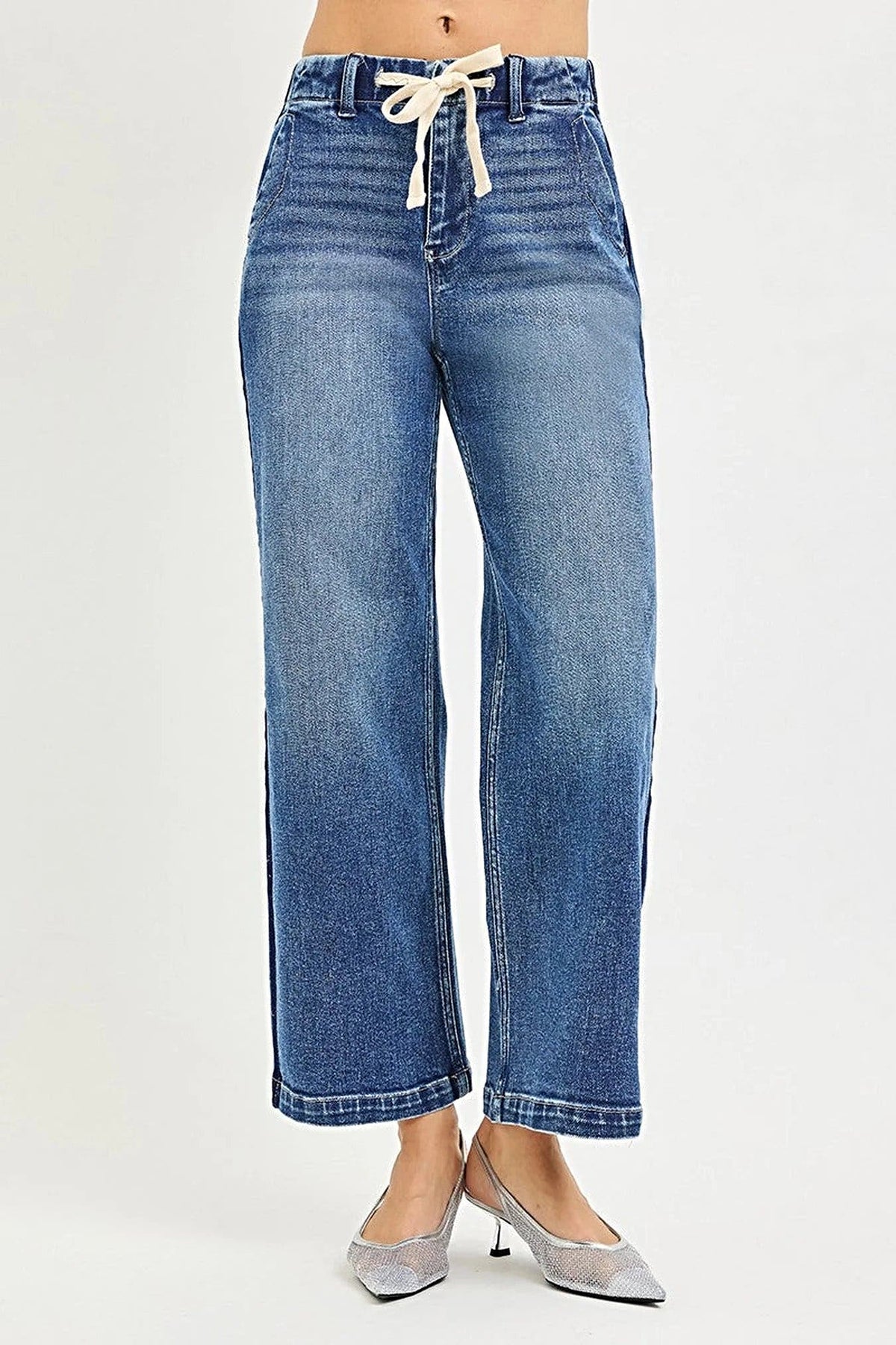 RISEN Elastic Band High Rise Cropped Wide Jeans -