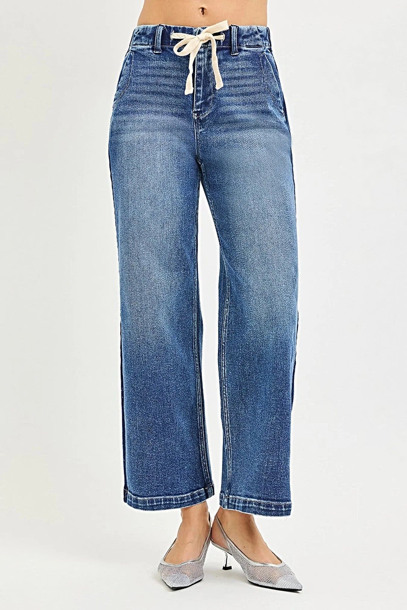 RISEN Elastic Band High Rise Cropped Wide Jeans -