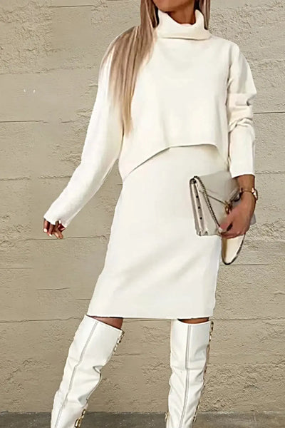 Turtleneck Dropped Shoulder Sweater and Dress Sweater Set -