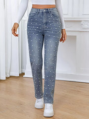 Pearl Embellished High Waist Straight Jeans -
