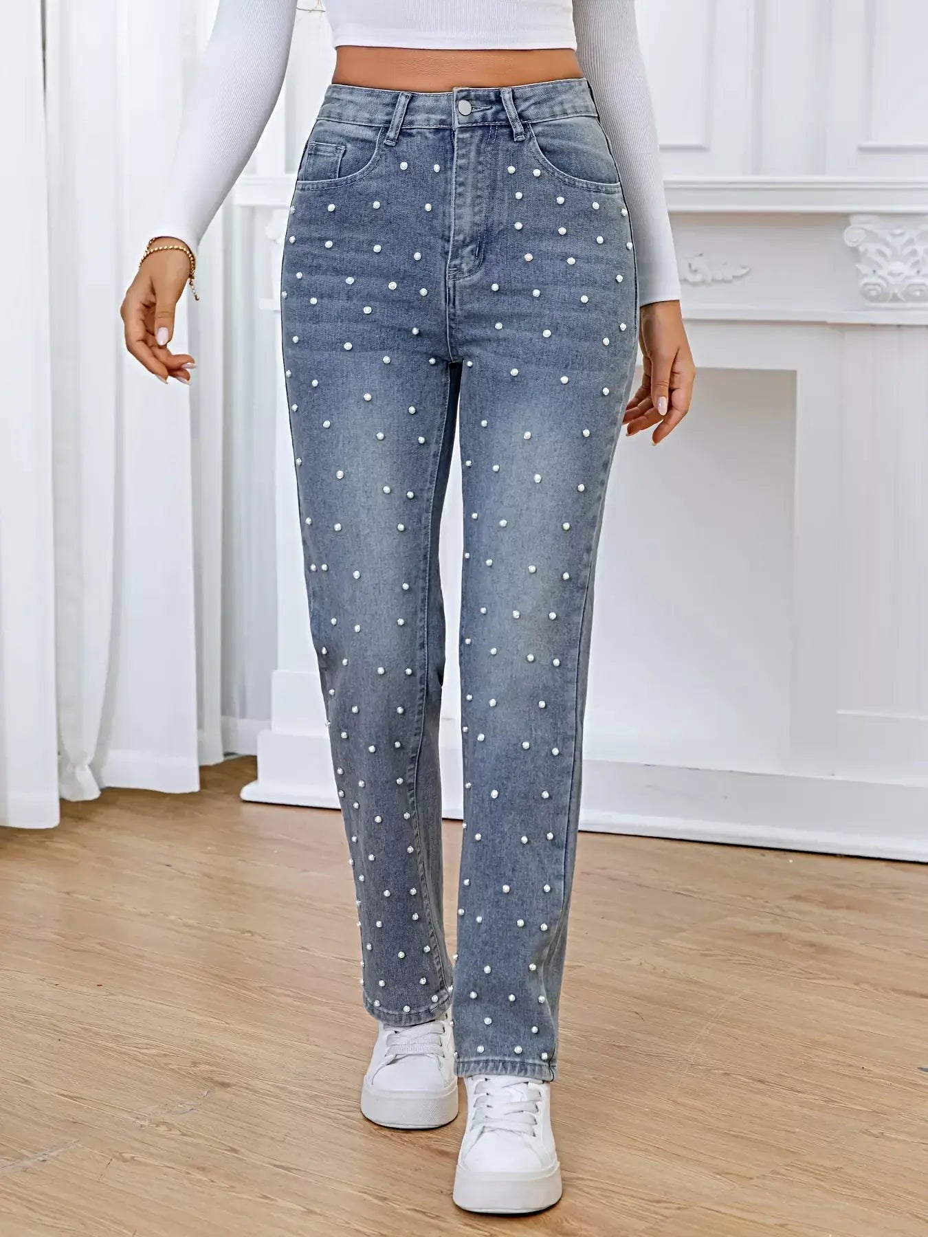 Pearl Embellished High Waist Straight Jeans -