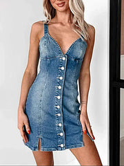 Button Front Denim Mini Dress With Sweetheart Neckline - Slightly Stretchy & Stylish -
