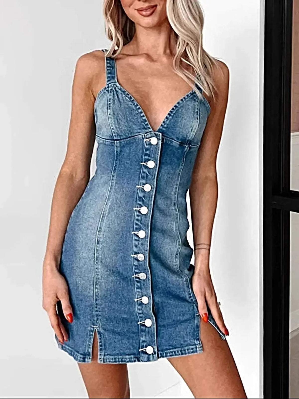 Button Front Denim Mini Dress With Sweetheart Neckline - Slightly Stretchy & Stylish -
