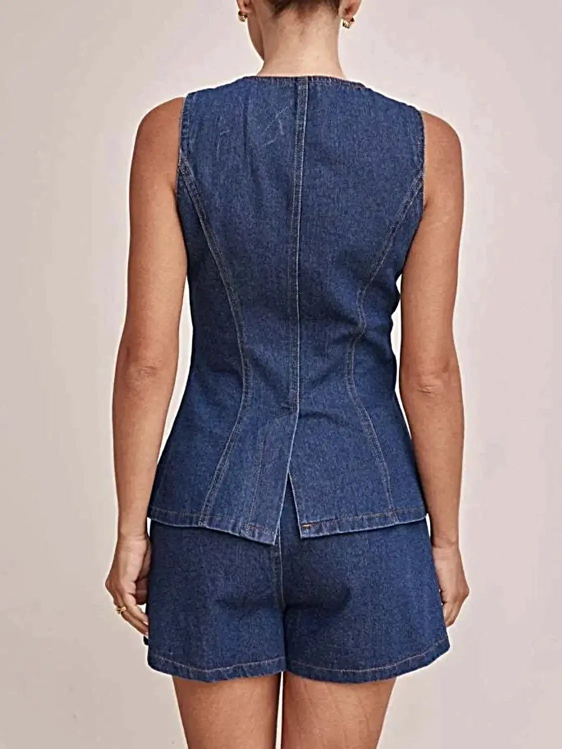 Button Down Vest and Shorts Denim Set -