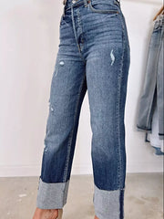 High Waist Distressed Straight Leg Jeans -
