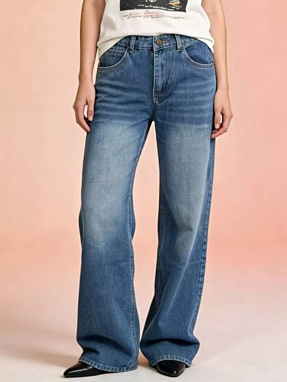 Vintage Wash Wide Leg Jeans -