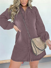 Elegant Plus Size Long Sleeve Denim Dress with Button Front and Smocked Detail -