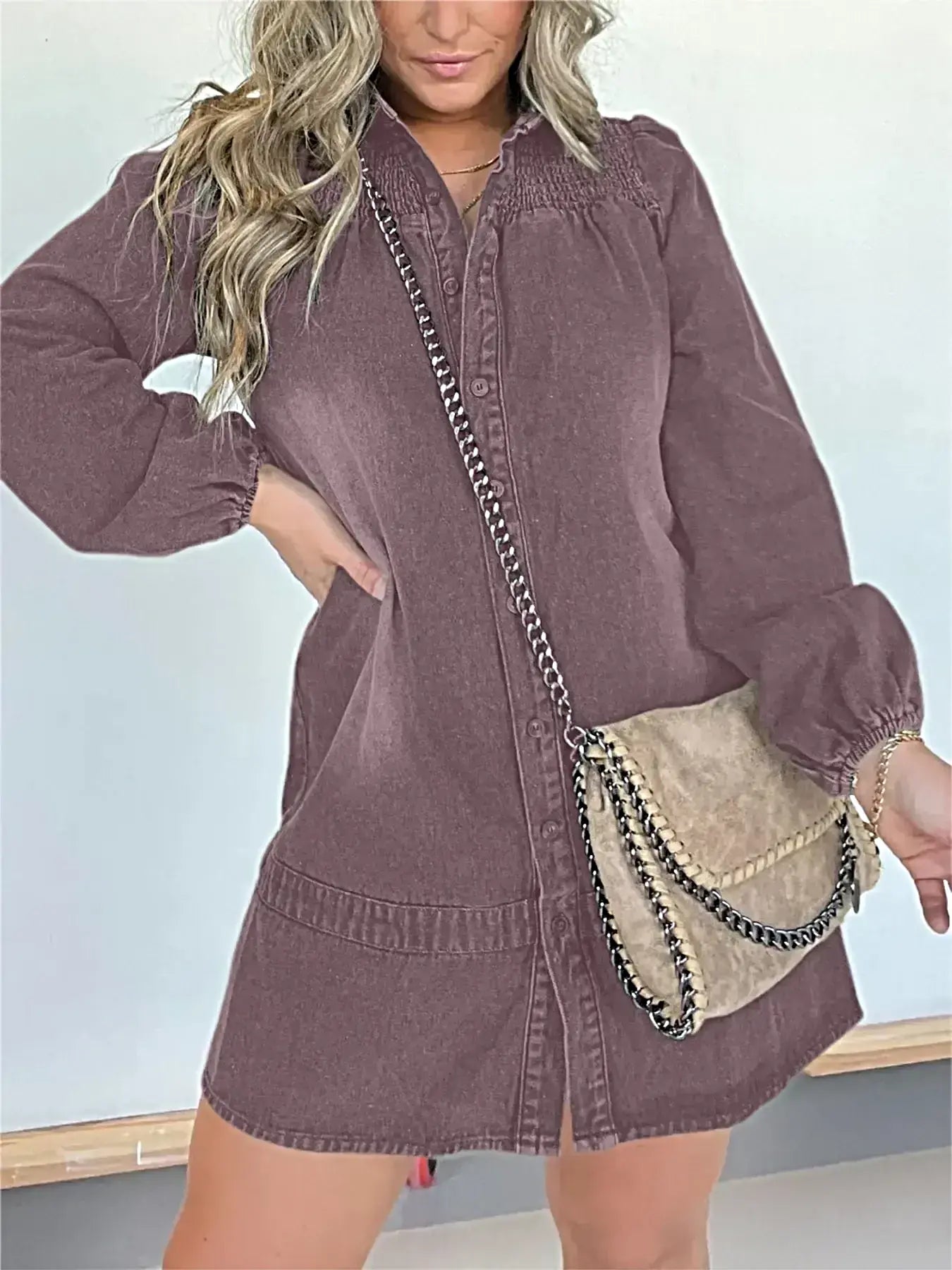Elegant Plus Size Long Sleeve Denim Dress with Button Front and Smocked Detail -