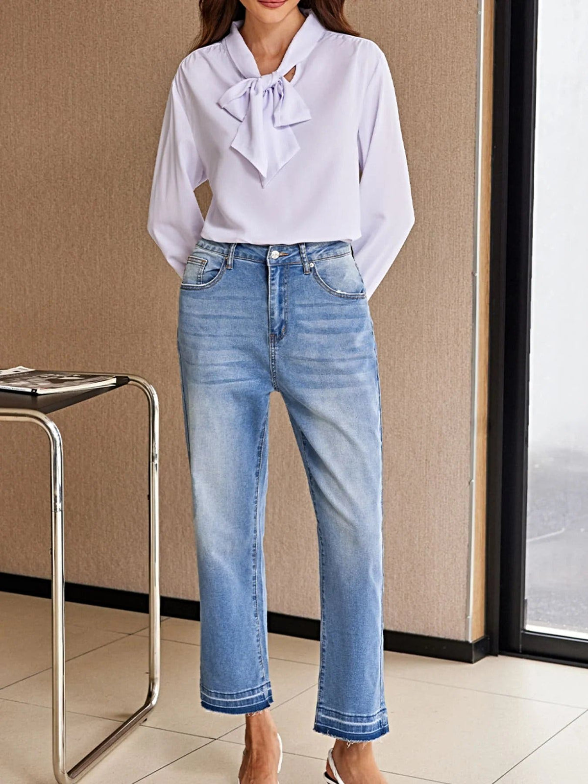 Whiskered Wash Raw Hem Cropped Jeans -