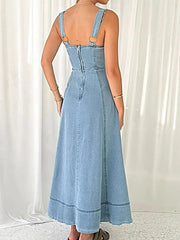 Denim Dress With Sweetheart Neckline, Buttoned & Pocketed - 100% Polyester, No Stretch -