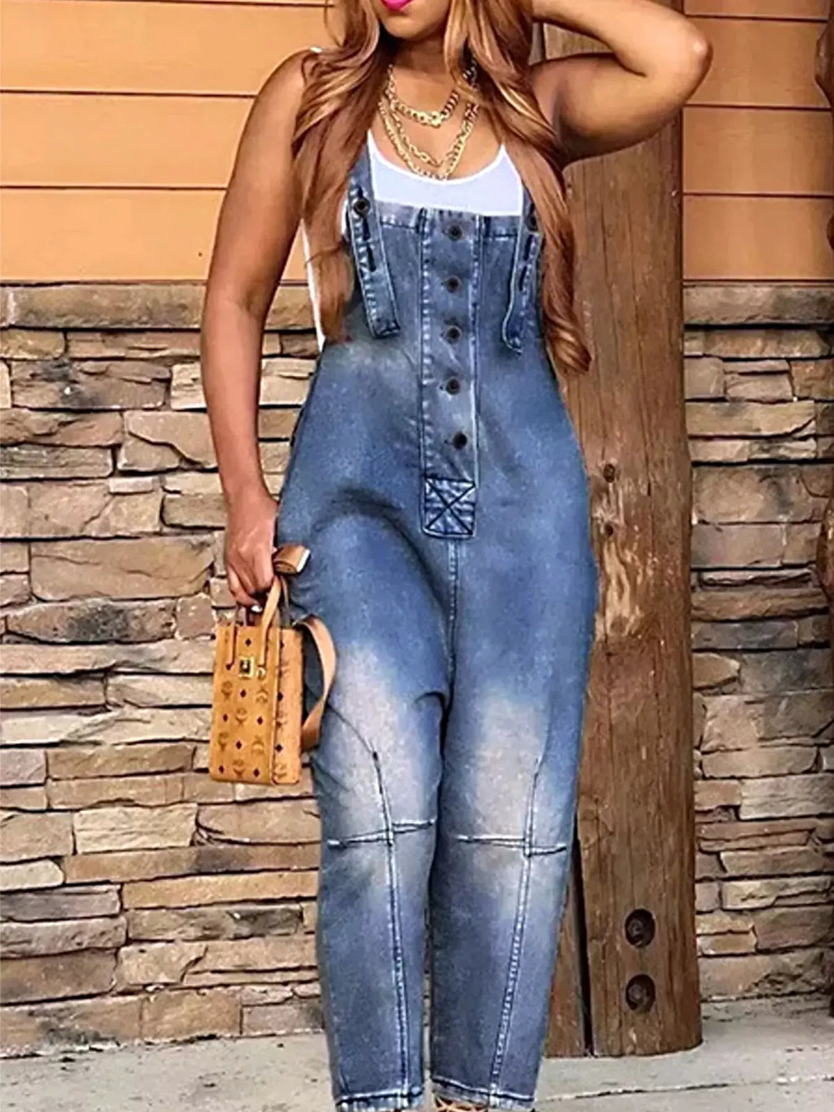 Full Size Button Front Denim Overalls with Pockets Plus Size -
