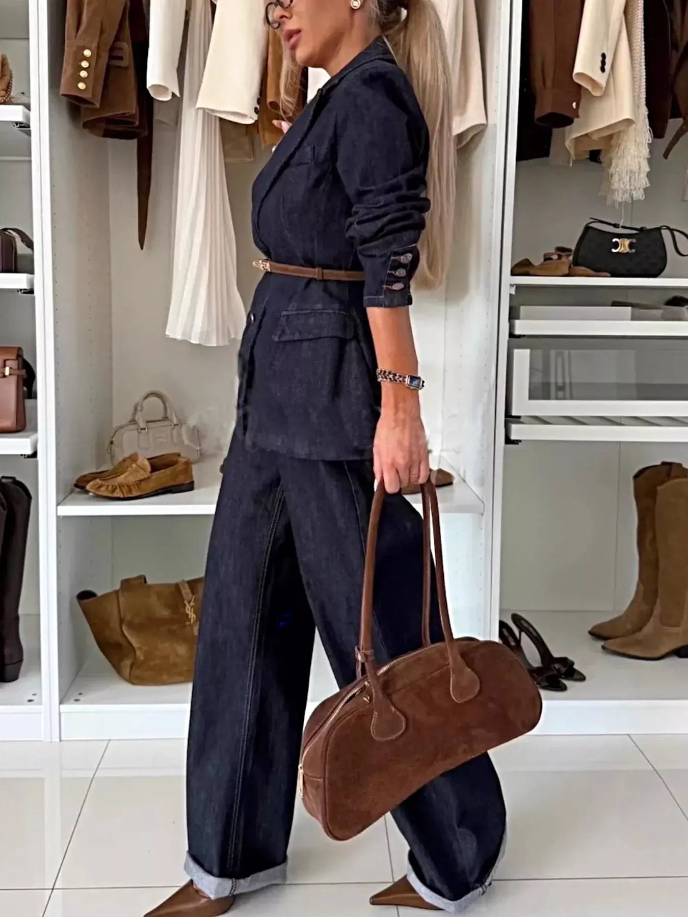 Single-Breasted Blazer and Jeans Denim Set -
