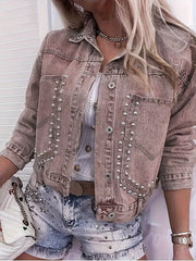Studded Button Up Wash Denim Jacket -