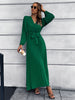 V-Neck Tie Waist Pleated Maxi Dress