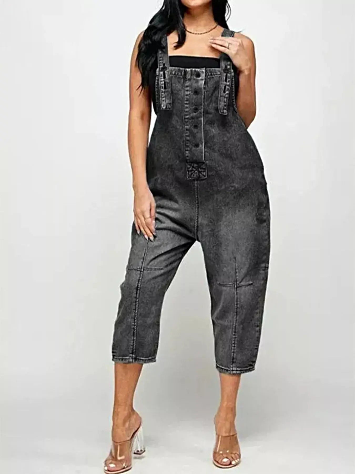 Full Size Button Front Denim Overalls with Pockets Plus Size -