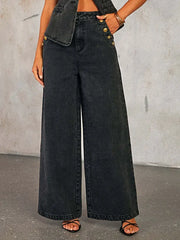 Button Down Vest and Wide Leg Jeans Denim Set -