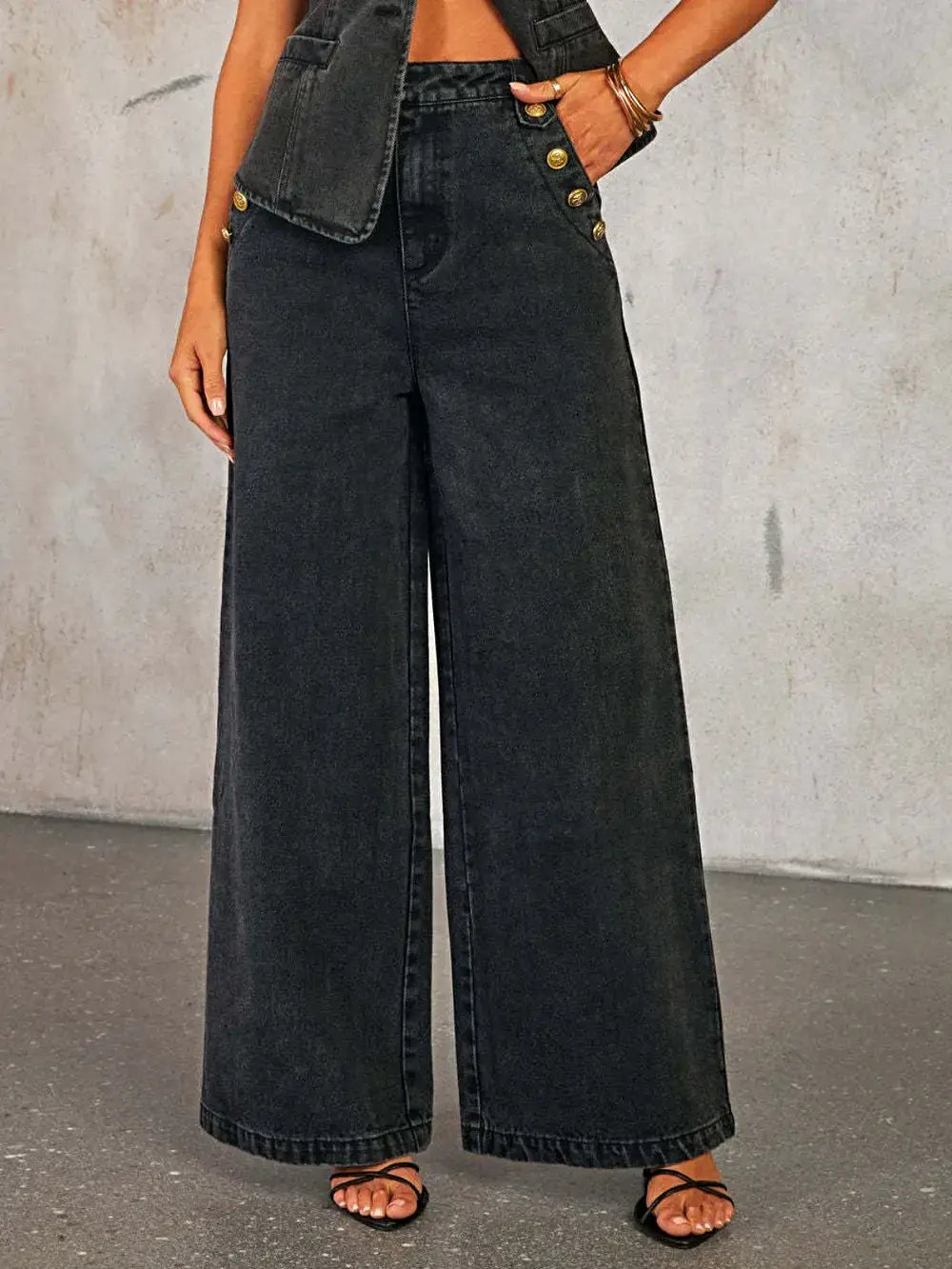 Button Down Vest and Wide Leg Jeans Denim Set -