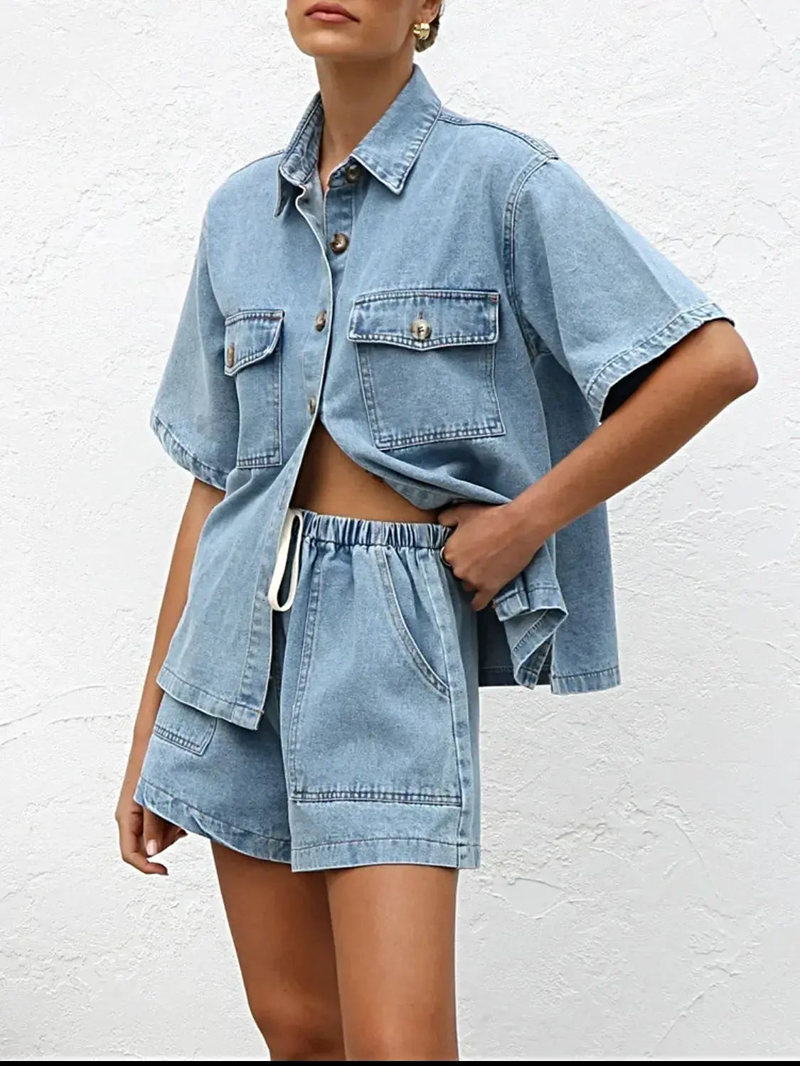 Button Up Short Sleeve Top and Shorts Denim Set -