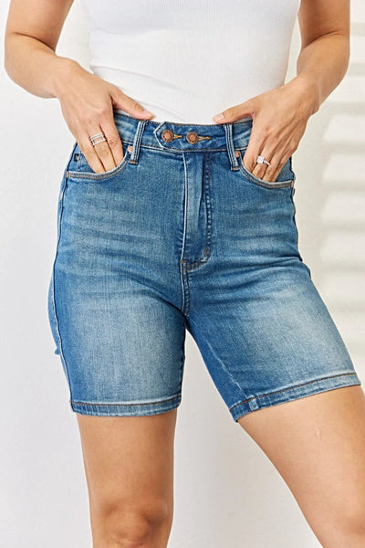 Judy Blue Full Size Tummy Control Double Button Bermuda Denim Shorts -
