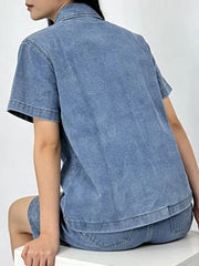 Button Up Short Sleeve Top and Shorts Denim Set -