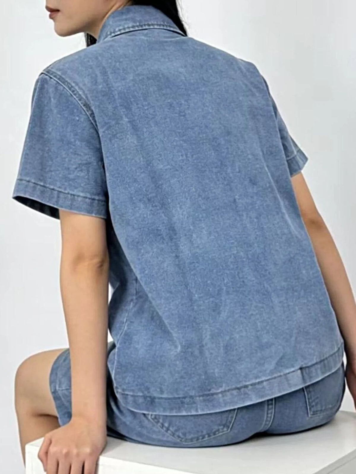 Button Up Short Sleeve Top and Shorts Denim Set -