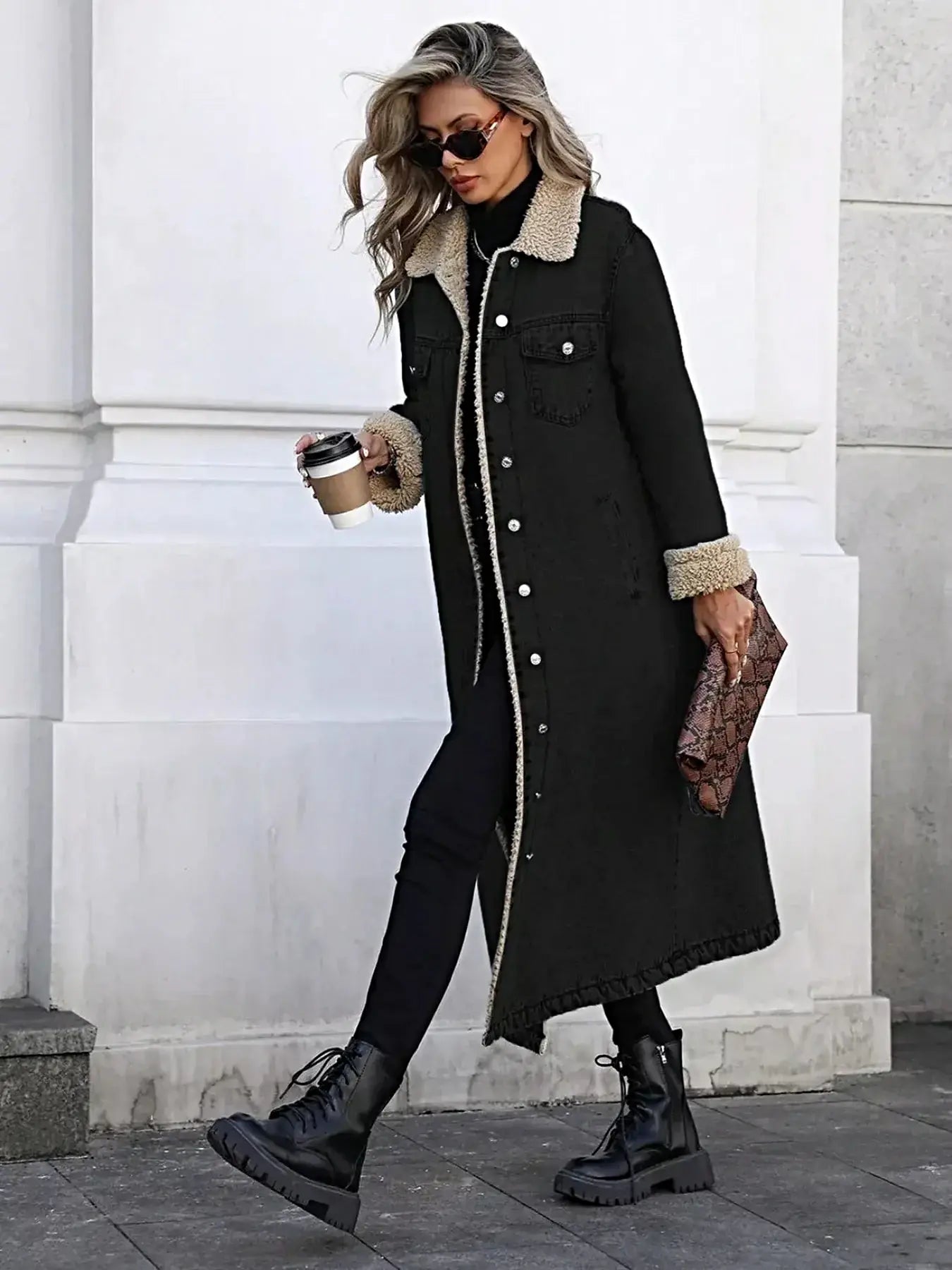 Sherpa Lined Longline Denim Jacket -