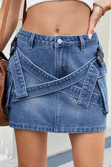 Criss-Cross Waist Detail Denim Mini Skirt -
