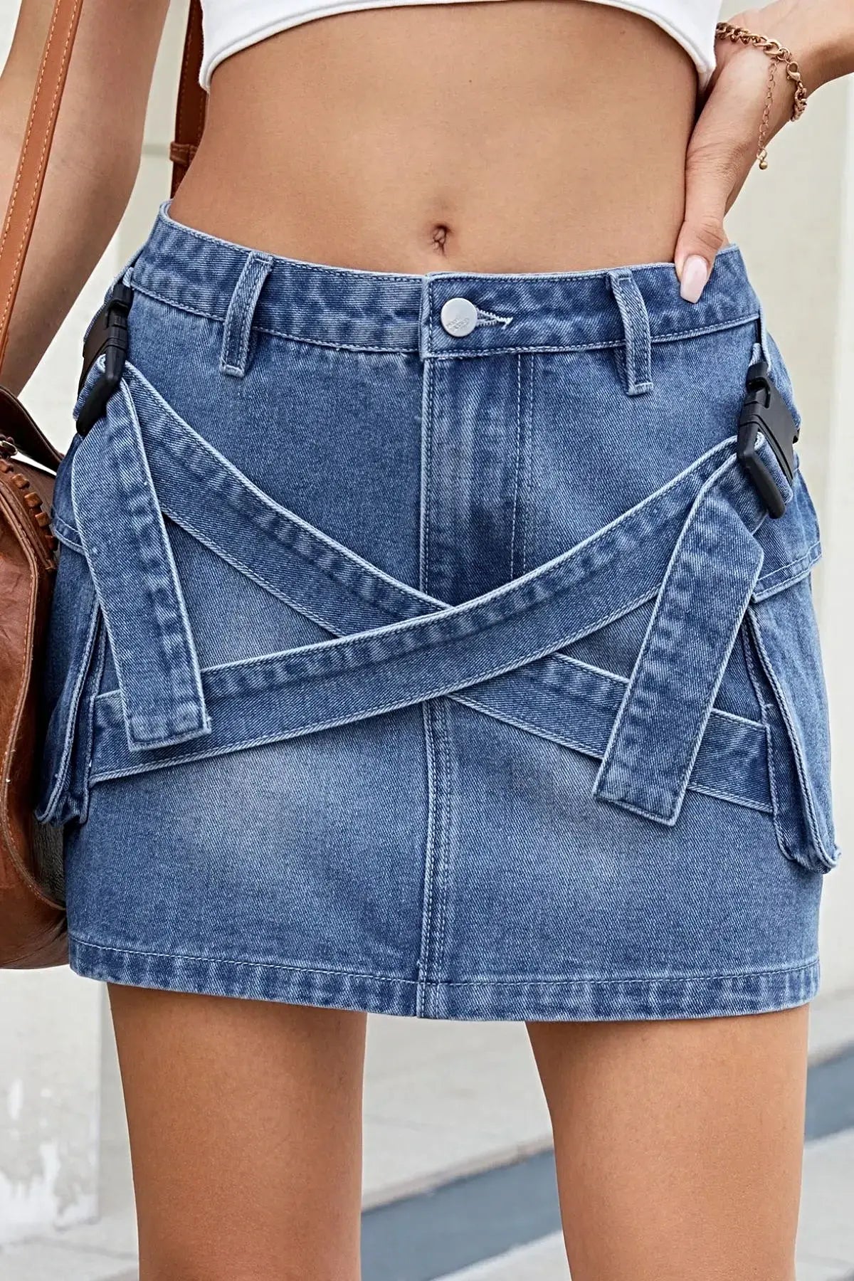 Criss-Cross Waist Detail Denim Mini Skirt -