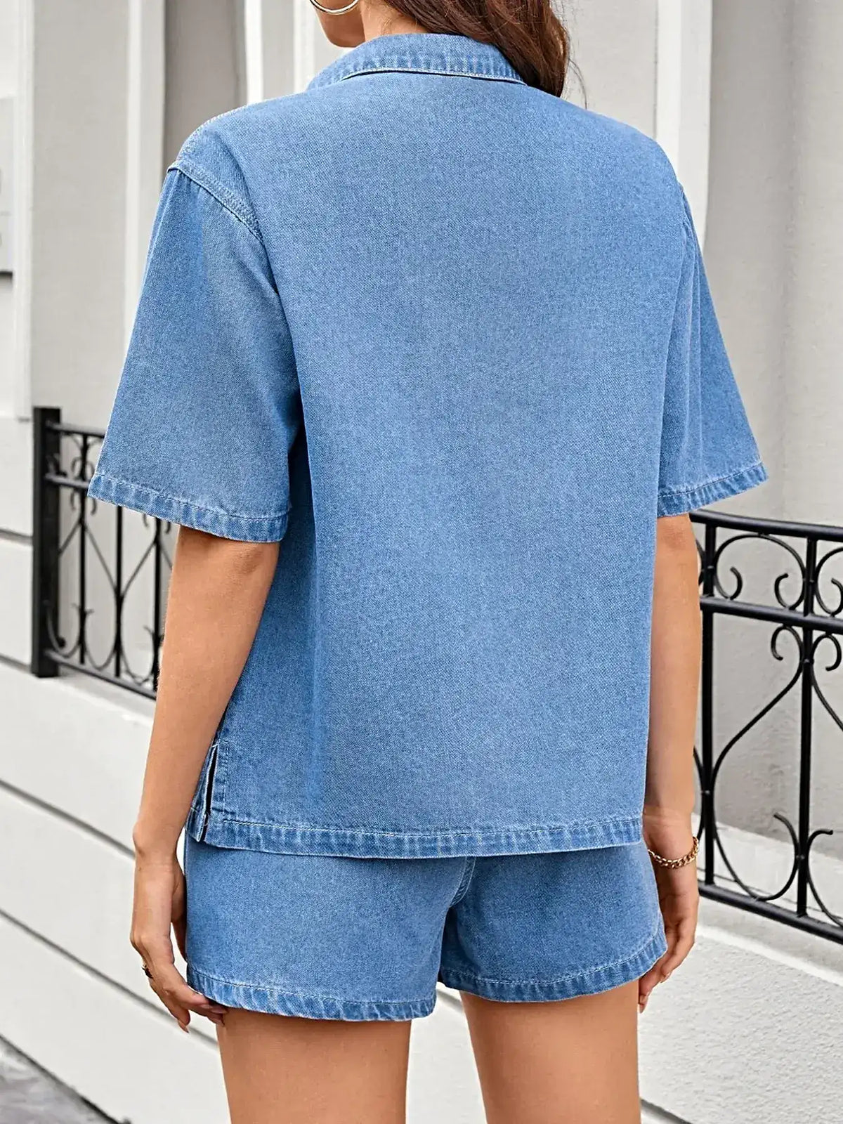 Casual Drop Shoulder Denim Shirt & Shorts Set -