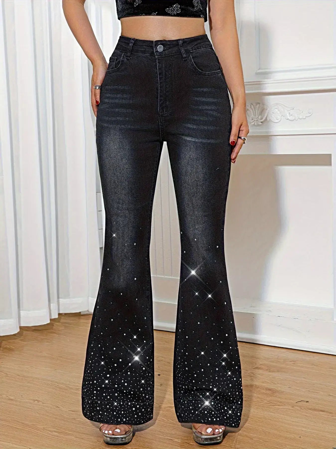 Rhinestone Embellished Flare Leg Jeans -