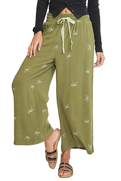 Umgee Full Size Lace Drawstring Embroidered Bow Wide Leg Pants Plus Size -