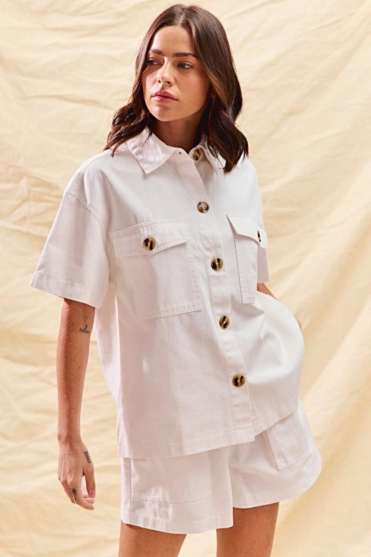 Chic Casual Spring Outfit: SO ME Button Down Denim Shirt and Shorts Set by Trendsi -