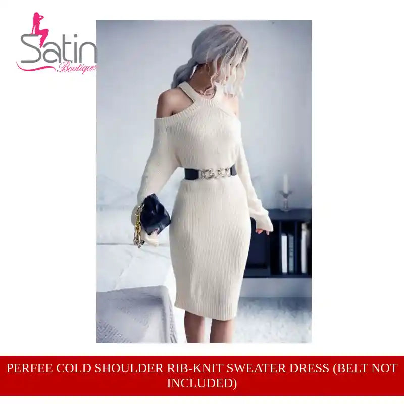 Perfee Cold Shoulder Rib-Knit Sweater Dress (Belt Not Included) by@Outfy