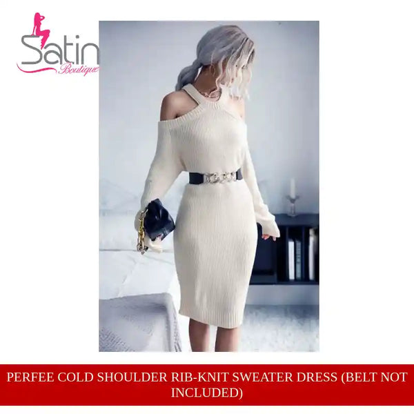 Perfee Cold Shoulder Rib-Knit Sweater Dress (Belt Not Included) by@Outfy