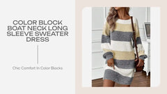 Color Block Boat Neck Long Sleeve Sweater Dress by@Outfy