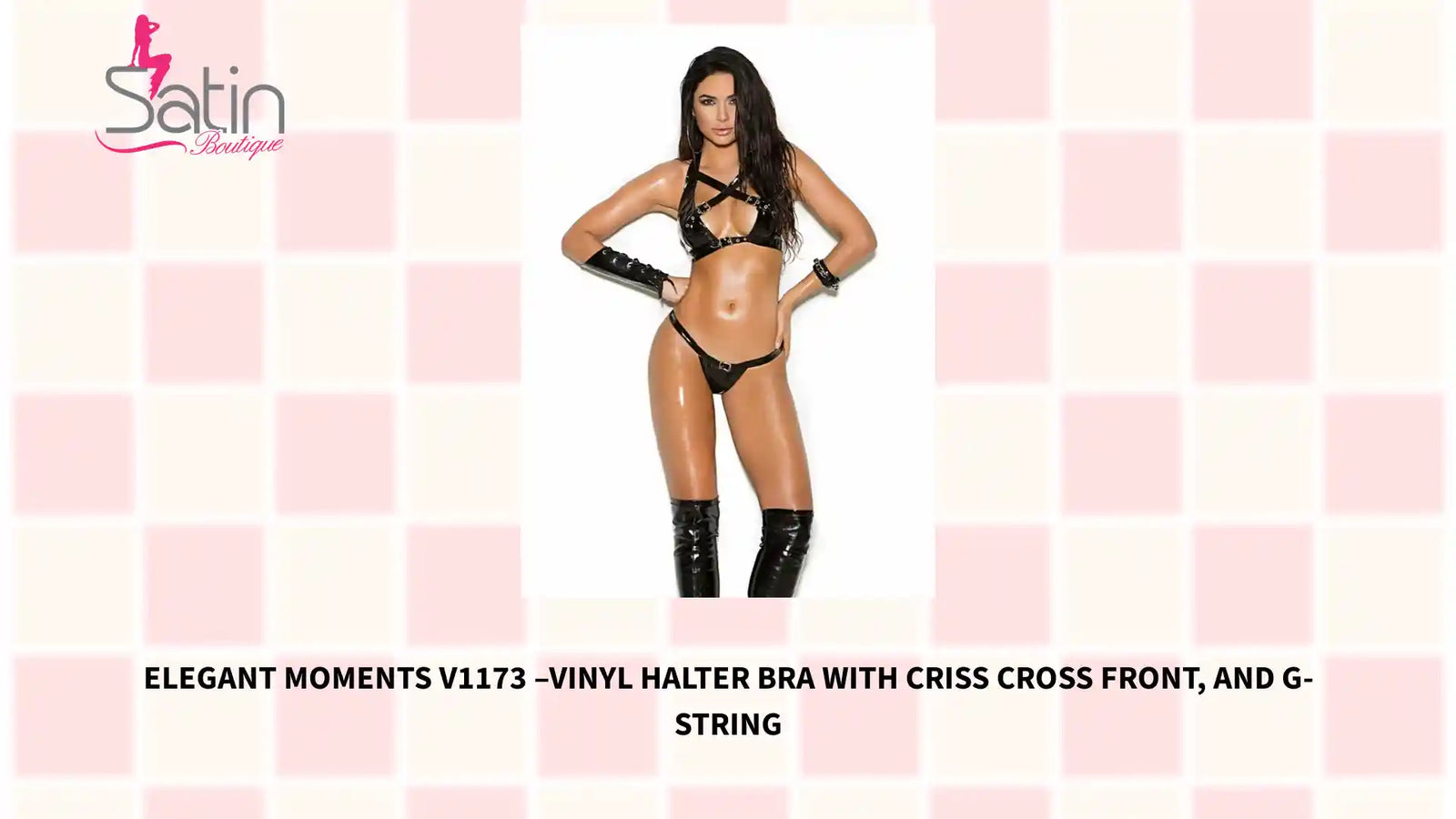 Elegant Moments V1173 – вінілавы бюстгальтар на халяве з перакрыжаванымі спераду і стрункамі ад @Outfy