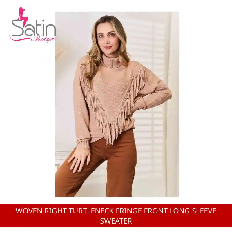 Woven Right Turtleneck Fringe Front Long Sleeve Sweater by@Outfy
