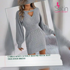 Cable-Knit Cutout Round Neck Slit Sweater Dress by@Outfy