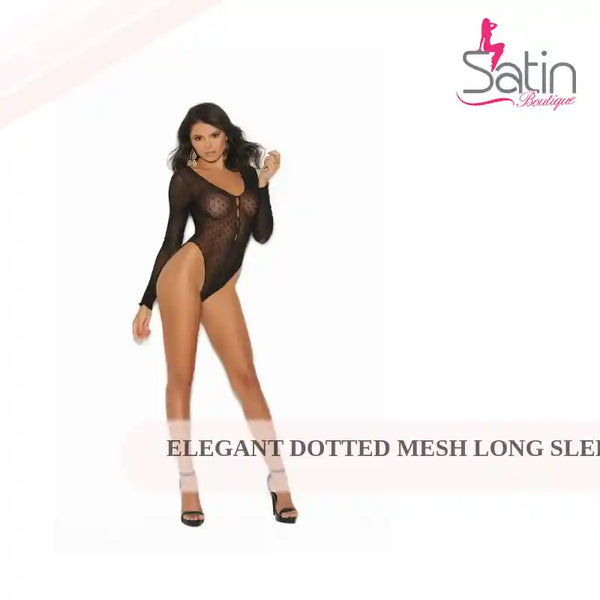 Elegant Dotted mesh long sleeve teddy with snap crotch in Black by@Outfy