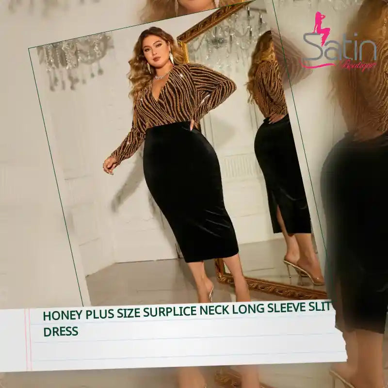 Honey Plus Size Surplice Neck Long Sleeve Slit Dress by@Outfy