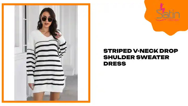 Striped V-Neck Drop Shulder Sweater Dress by@Outfy