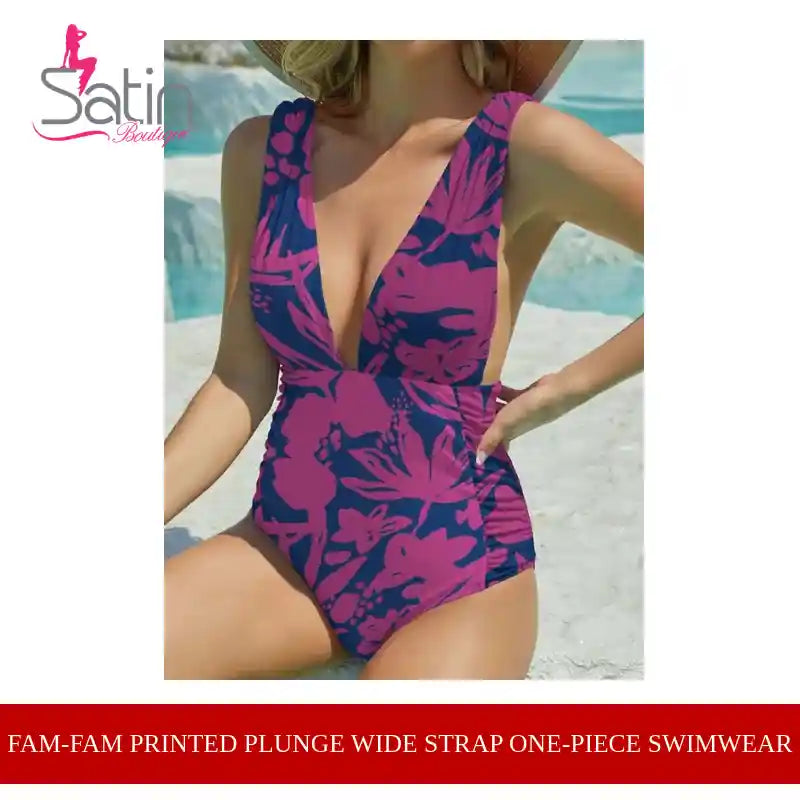 FAM-FAM Printed Plunge Wide Strap One-Piece Swimwear by@Outfy