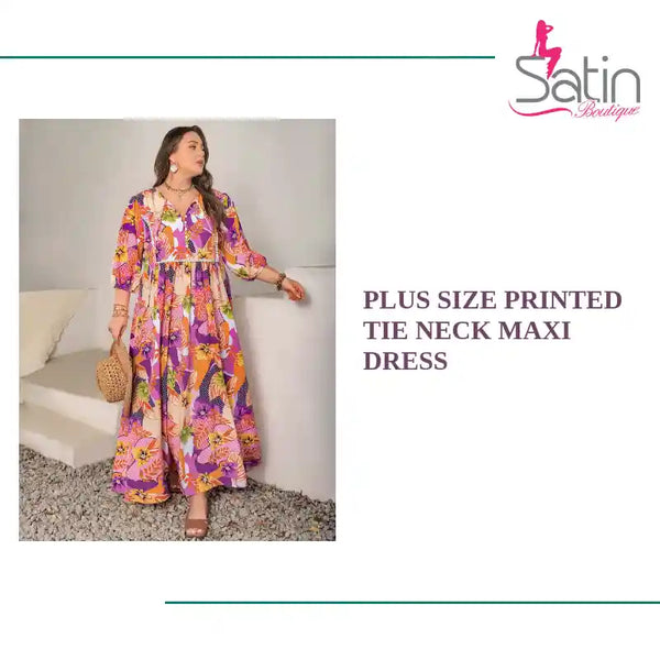 Plus Size Printed Tie Neck Maxi Dress by@Outfy