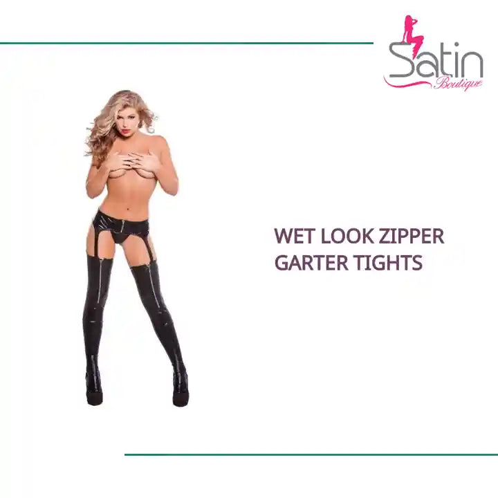 Wet Look Zipper Garter Tights by@Outfy